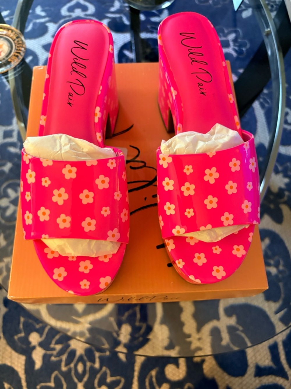 Wild Pair Hot Pink Floral Slide Platform Sandals